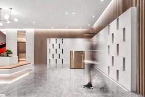 展示區(qū)瓷磚地面木飾面背景墻裝修設(shè)計效果圖